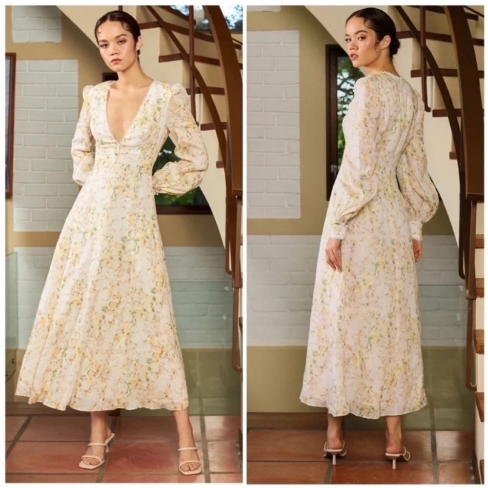 Sau Lee Phoebe Long Sleeve Floral Midi Dress